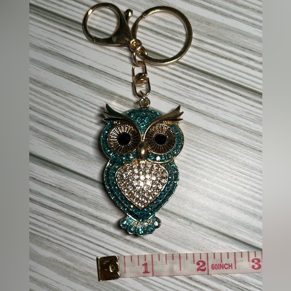 NEW Rhinestone Owl Key Chain/Bag Charm, Teal/Blue on Gold Toned Zinc Alloy - Picture 5 of 6